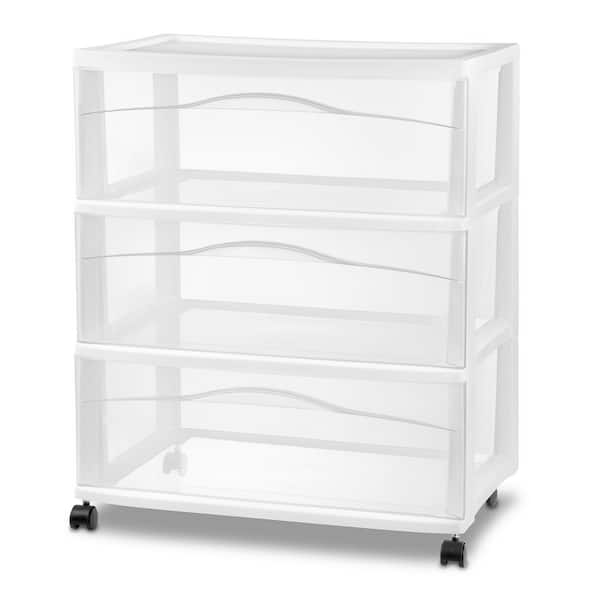 Wide 3 Drawer Storage Cart 15.38 in. W x 24.50 in. H x 21.88 in. D, Plastic Rolling Organizer, White Frame