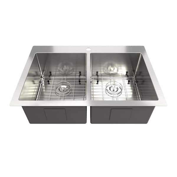 33 in. Drop-In Double Bowl Brushed Stainless Steel Kitchen Sink with Drainage Grid and Drain Assembly
