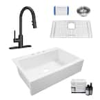 Elevate All-in-One Quick-Fit Fireclay 33.85 in. 3-Hole Single Bowl Drop-In Farmhouse Kitchen Sink with Pfister Faucet