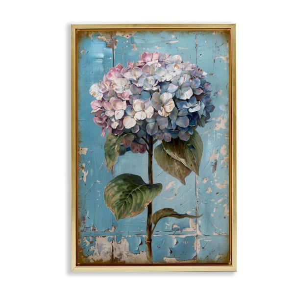 Stupell Industries Hydrangea on Distressed by LSR Design Studio Gold Floater Frame Nature Graphic Art Print 31 in. x 21 in.