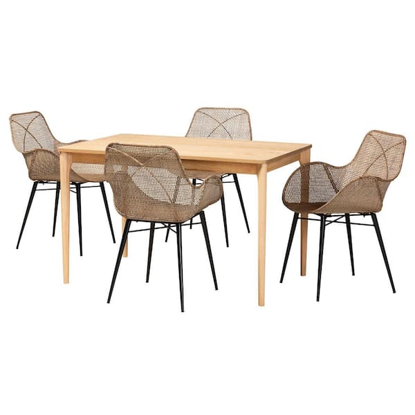Baxton Studio Ballerina 5-Piece Greywashed Rattan and Natural Brown Wood Dining Set