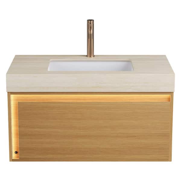 36 in. Wall-Mounted Light Oak Bath Vanity with Beige Sintered Stone Top Pre-Assembled