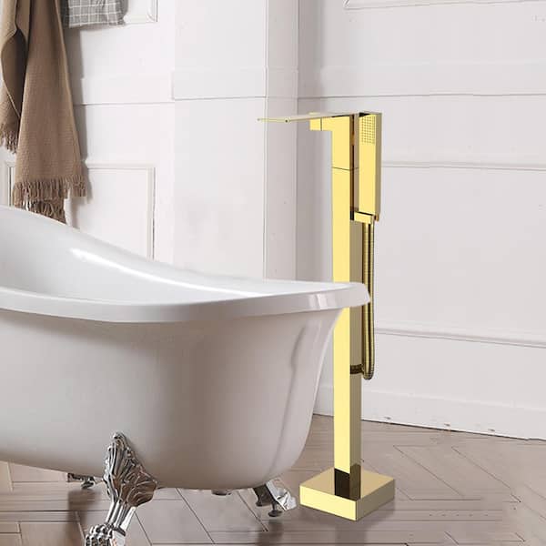 Satico Single-Handle Freestanding Tub Faucet with Rectangle Handheld Shower Head in Titanium Golden