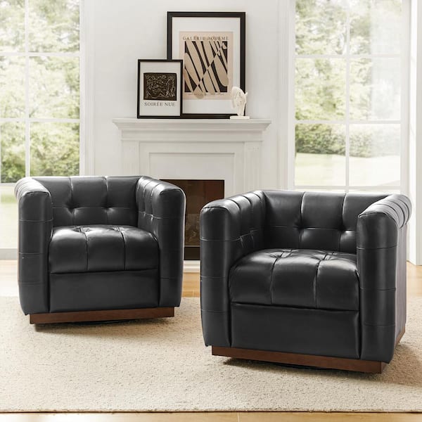 JAYDEN CREATION Gunther Black Genuine Leather Swivel Club Chair Set of 2 with Wooden Apron