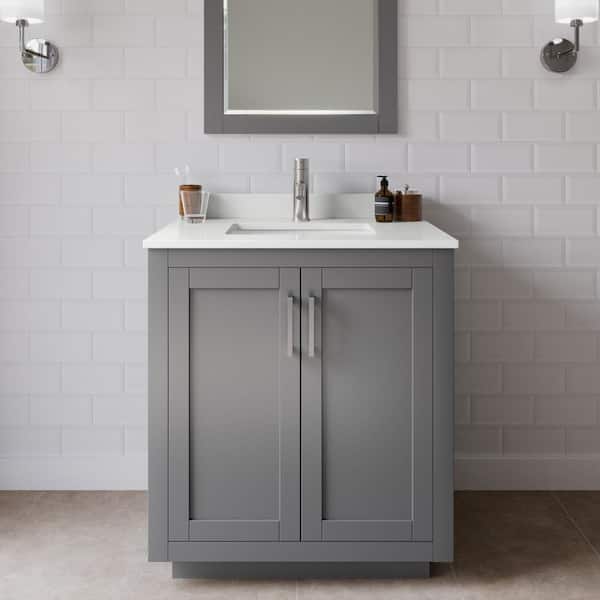 Wyndham Collection Miranda 30 in. W x 22 in. D x 33.75 in. H Single Bath Vanity in Dark Gray with White Quartz Top and 24 in. Mirror