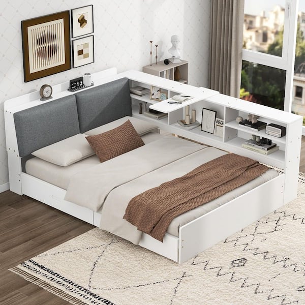 Cub White Wood Frame Full Size Daybed with Rotatable Board, Upholstered Hidden Storage Headboard, 2 Drawers, Shelves