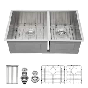 33 in. Undermount Double Bowl Sink 60/40 16-Gauge Brushed Stainless Steel Kitchen Sink with Bottom Grids