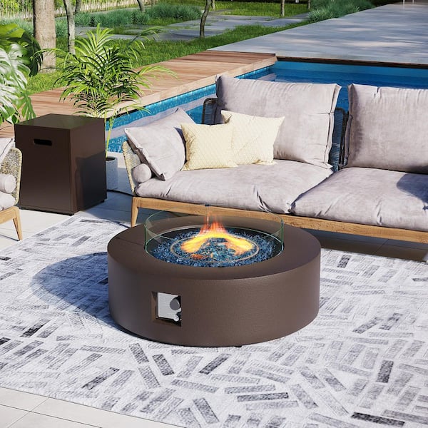 UPHA 42 in. Round Iron Outdoor Brown Fire Pit Table with Propane Tank Holder and Glass Wind Guard