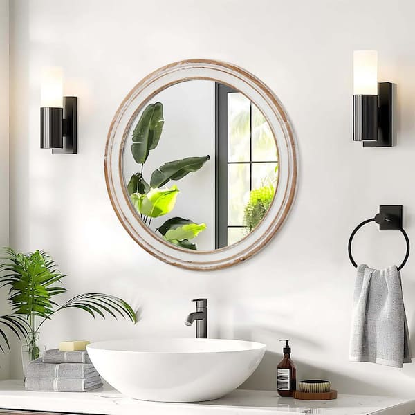 White 27.56 in W x 27.56 in H Round Farmhouse Wall Mirror with Distressed Wood Frame, Decorative Circle Mirror Bathroom