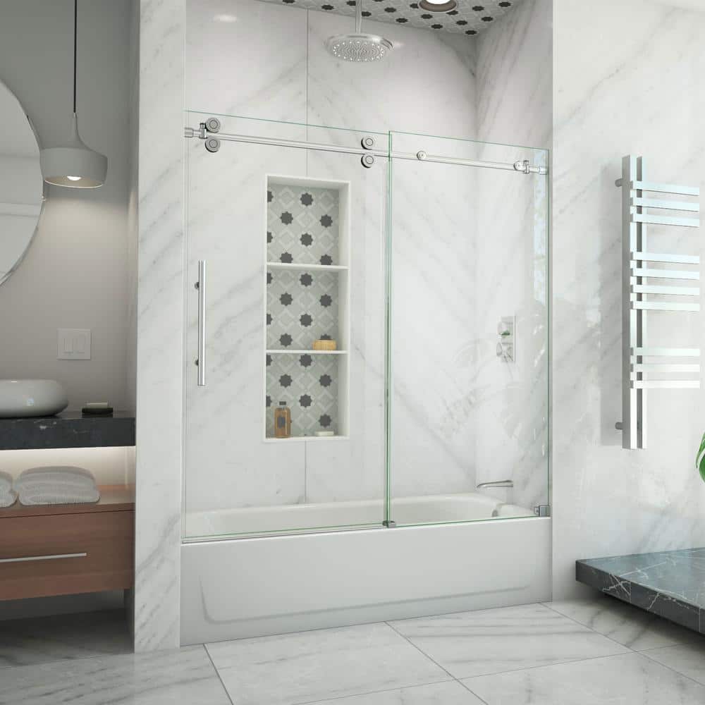 Enigma-XO 55" W x 62" H Single Sliding Frameless Shower Door with Clear Max Technology