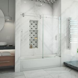 Enigma-XO 55-59 in. W x 62 in. H Fully Frameless Sliding Tub Door in Brushed Stainless Steel