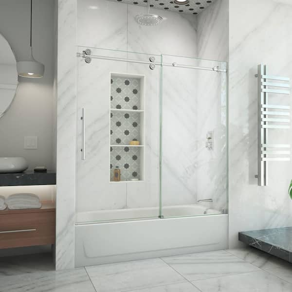 DreamLine Enigma-XO 55-59 in. W x 62 in. H Fully Frameless Sliding Tub Door in Brushed Stainless Steel