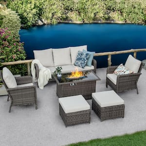 6-Piece Wicker Patio Rectangle Fire Pit Conversation Set with Cushions