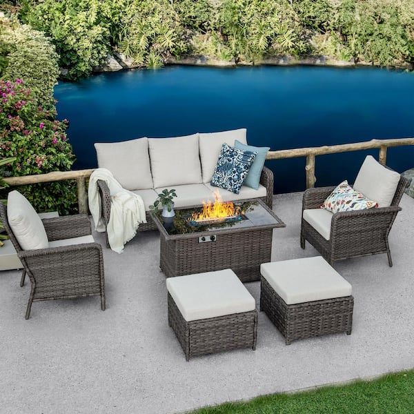 Brafab 6-Piece Wicker Patio Rectangle Fire Pit Conversation Set with Cushions