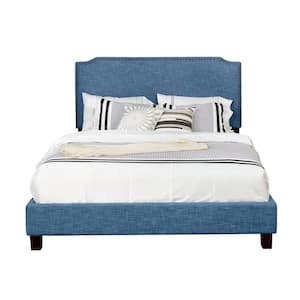 Blue Queen Size Upholstered Panel Bed with Nailhead