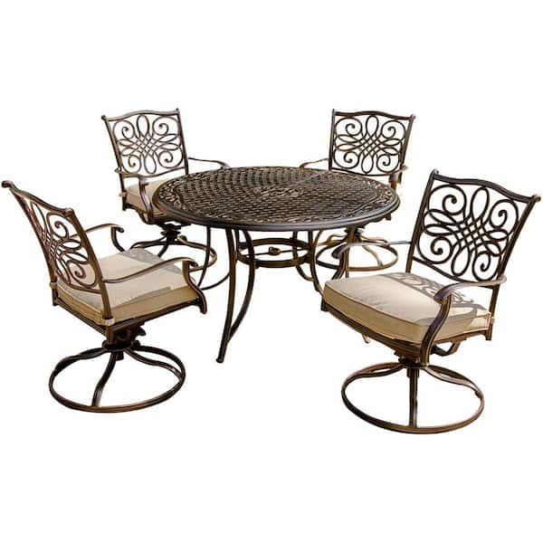 Cambridge Seasons 5-Piece Aluminum Outdoor Dining Set with Tan Cushions with Four Swivel Rockers