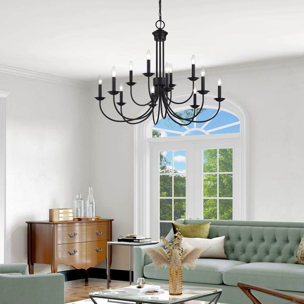 Black Steel 12-Light Large 2-Tier Candelabra Chandelier