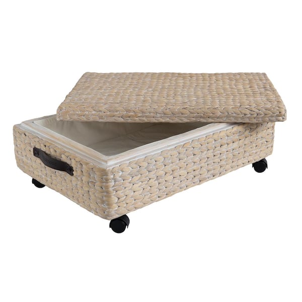 Chett 26.38 in. Minimalist Hand-Woven 14.5 Gal. Hyacinth Underbed Storage Bin Wheels and Handles White Wash/Dark Brown