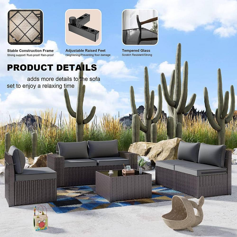 Gray 5-Person Steel Frame Wicker Outdoor Sectional Sofa Set