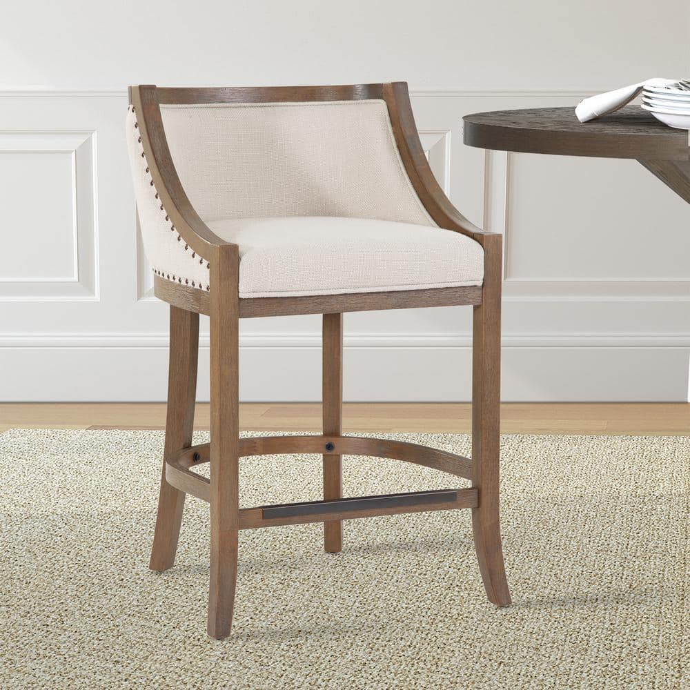 Warm Brown Birch Wood Adjustable Bar Stool with Light Beige Linen Seat