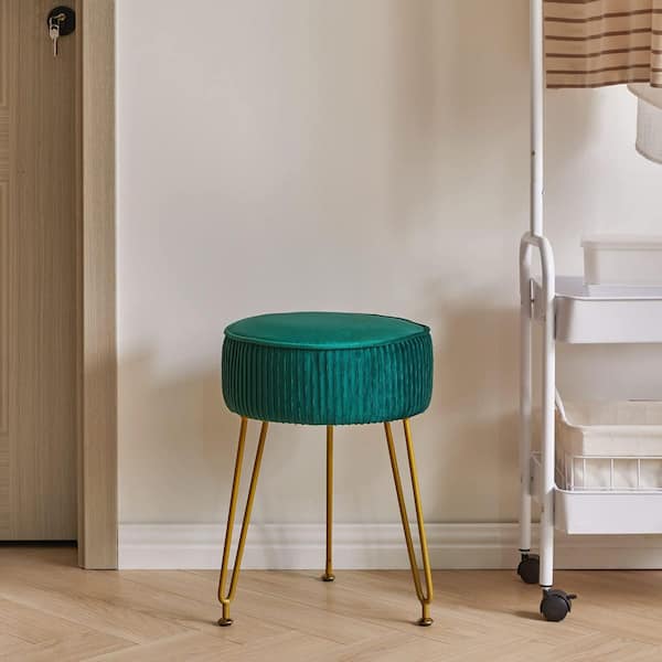 Green Velvet 18.11 in. Tall Makeup Vanity Stool, Round Footrest Ottoman, Pouf Couch Stool, Golden Steel Legs