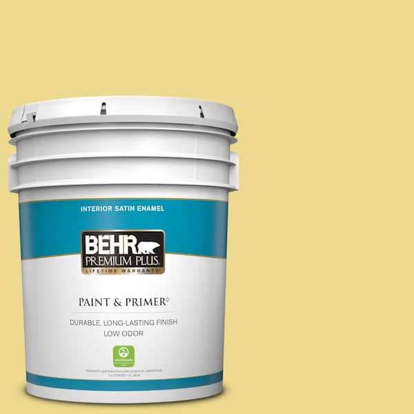 BEHR PREMIUM PLUS 5 gal. #P320-4 Pineapple Crush Satin Enamel Low Odor Interior Paint & Primer