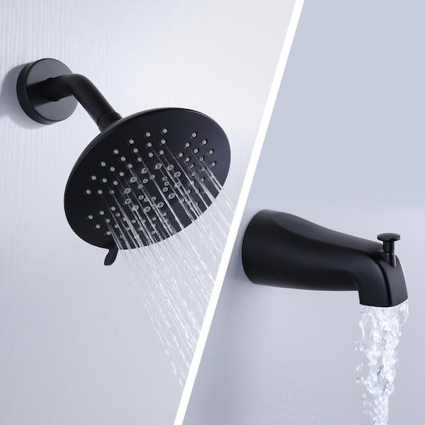 5-Spray Patterns with 1.8 GPM 6 in. Wall Mount Fixed Shower Head with Tub Spout and Thermostatic Valve in Matte Black