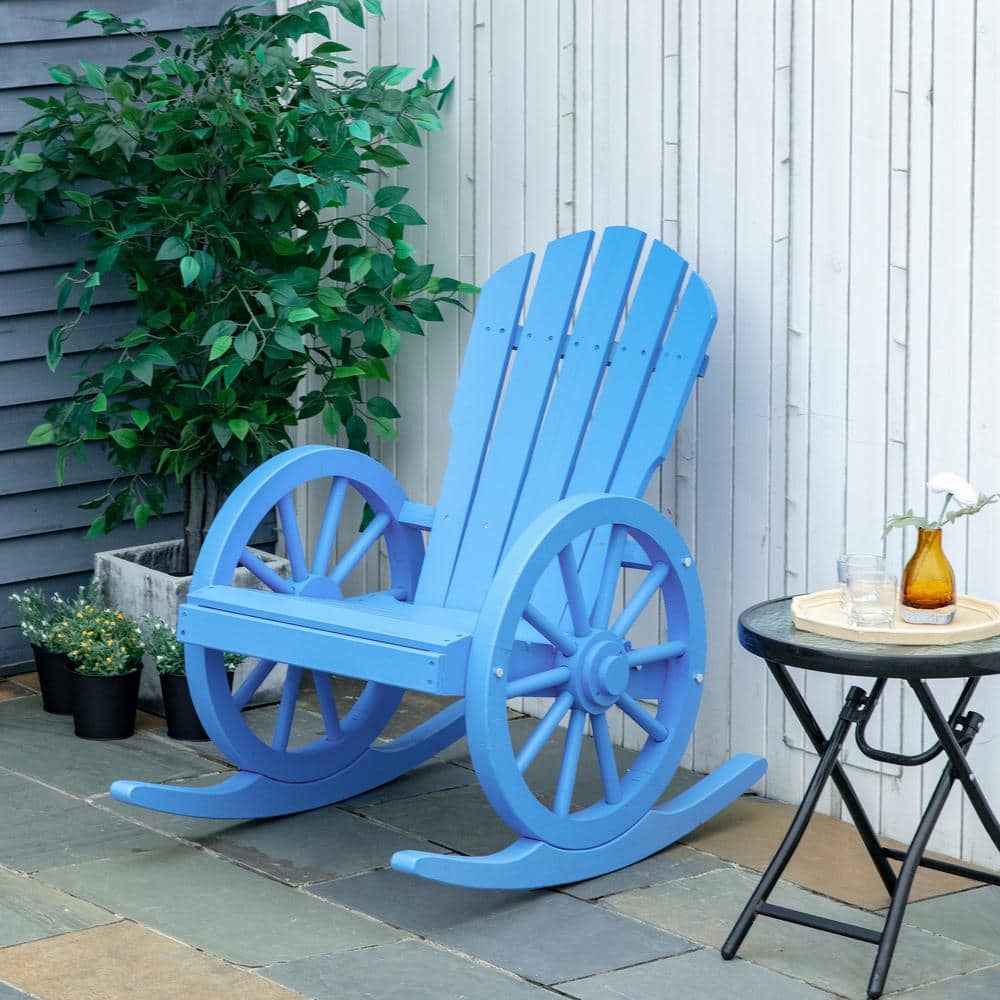 Blue Fir Wood Adirondack Rocking Chair with Slatted Design