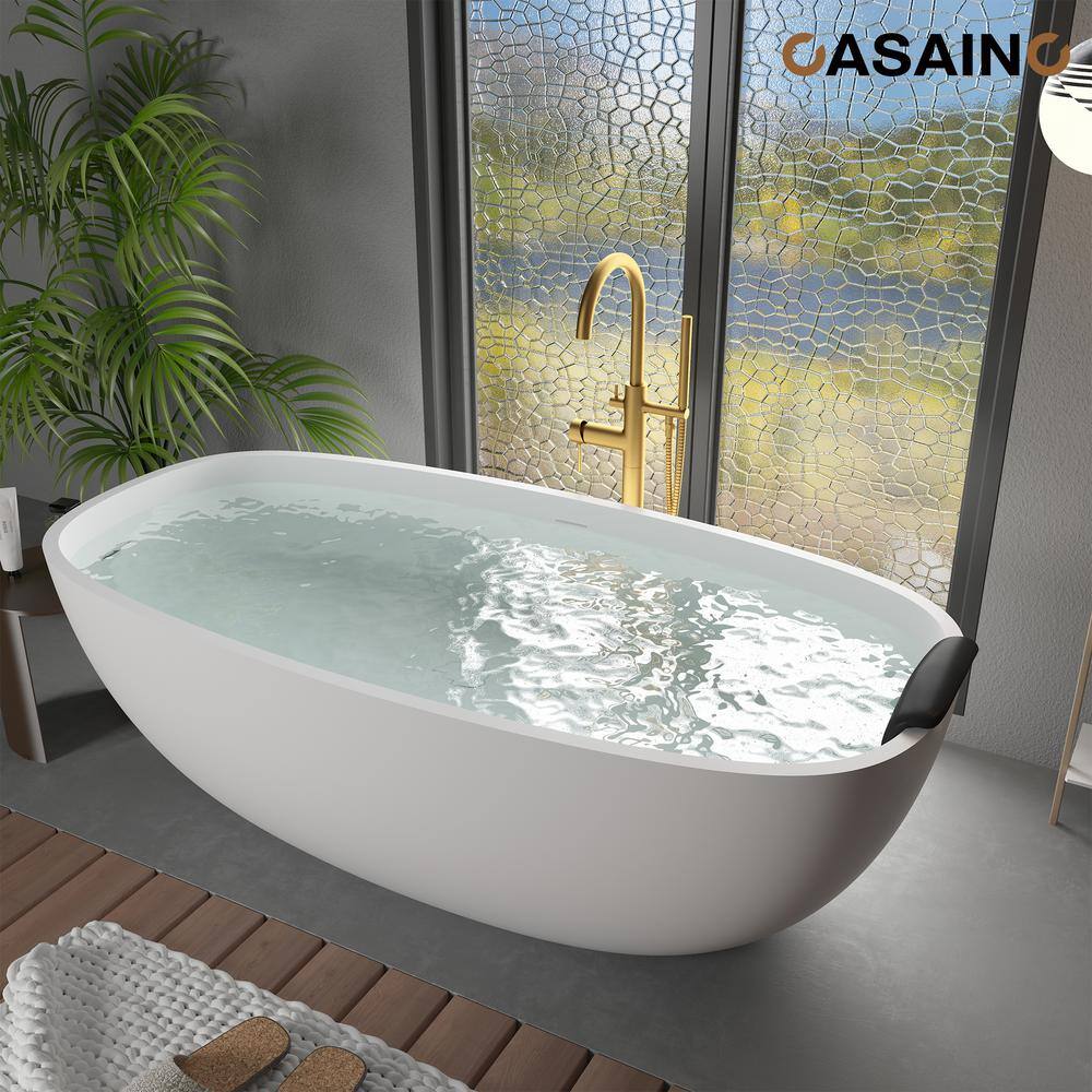 71'' Matte White Freestanding Soaking Tub with Black Pillow