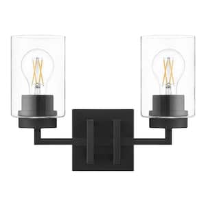 Westerling 13.5 in. 2-Light Matte Black Bathroom Vanity Light Fixture with Clear Glass Shades