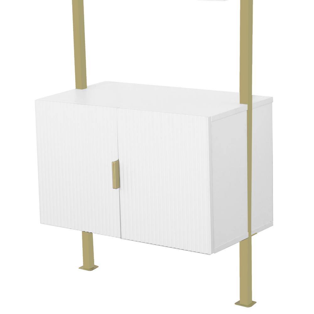 White and Gold Adjustable Ladder Bookcase with Cabinet