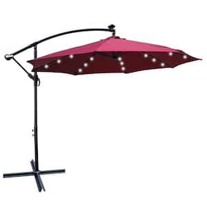10 ft. Steel Cantilever Solar Patio Umbrella in Burgundy with 24 Solar LED Lights and Cross Base for Garden Lawn Pool