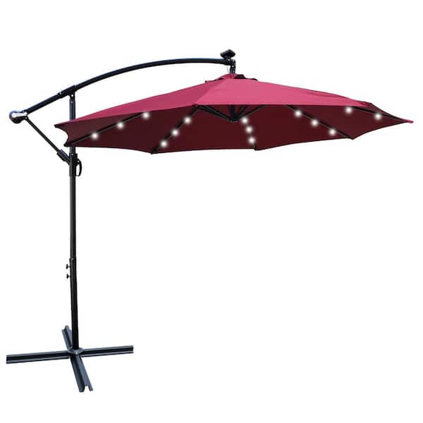 GAWEZA 10 ft. Steel Cantilever Solar Patio Umbrella in Burgundy with 24 Solar LED Lights and Cross Base for Garden Lawn Pool