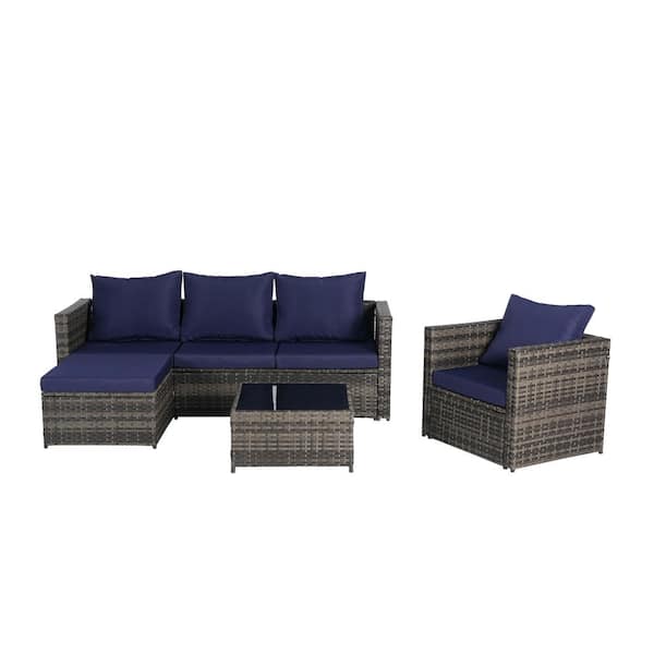 Tenleaf 3-Piece Wicker Patio Conversation Set with Dark Blue Cushions, Detachable Lounger and Coffee Table