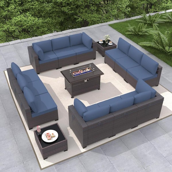 Halmuz 15 Pieces Wicker Patio Conversation Set with Glass Coffee Table, Fire Pit Table and Navy Blue Cushions
