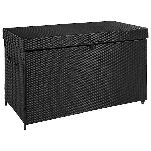 Zeus & Ruta 200 Gal. Black Wicker Deck Box with Wheels Rattan Storage Bin for Patio Furniture