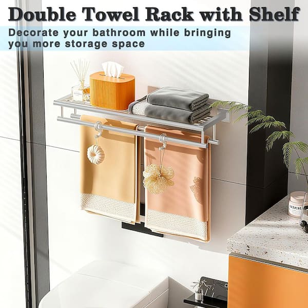 Bathroom Double Bar Wall-Mounted Towel Rack in Brushed Nickel, Rust Resistant & Durable Stainless Steel Bath Organizer