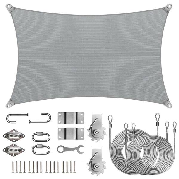 Super Ring 24 ft. x 24 ft. Sun Shade Sail with Winch Kits-Grey