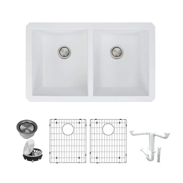 Transolid Radius All-in-One Undermount Granite 32 in. Equal Double Bowl Kitchen Sink in White