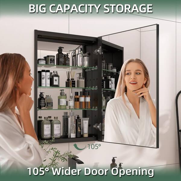 Shin 20 in. W x 30 in. H Black Rectangular Tri-View Recessed/Surface Mount Aluminum Medicine Cabinet with Mirror