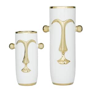 16 in., 11 in. White Ceramic Face Decorative Vase with Gold Details (Set of 2)