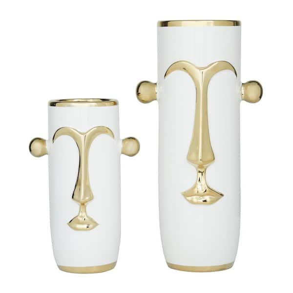 Novogratz 16 in., 11 in. White Ceramic Face Decorative Vase with Gold Details (Set of 2)