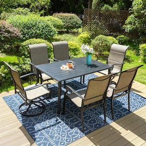7-Piece Rattan Patio Outdoor Dining Set with Black Frame Rectangular Table and Padded Swivel Rocker Texitilene Chair