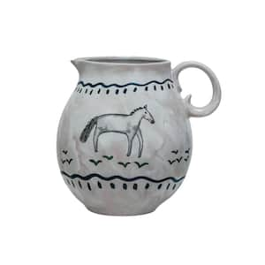 80 fl. oz. Multicolor Hand-Painted Stoneware Pitcher with Horse Design