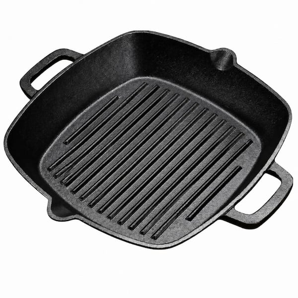 Pre-Seasoned Cast Iron Square Grill Pan 10.5 Inch with Grease Drain Spout, Dual Handles, and Oak Wooden