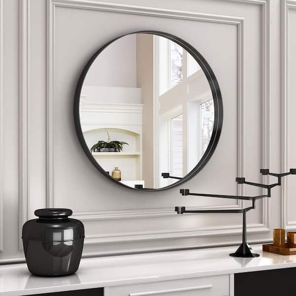 EPOWP 24 in. W x 24 in. H Large Round Metal Framed Wall Bathroom Vanity Mirror in Black