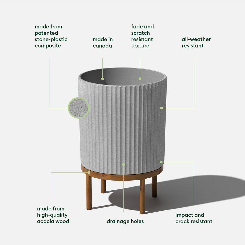 Gray Fluted Concrete-Composite Planter with Acacia Wood Stand