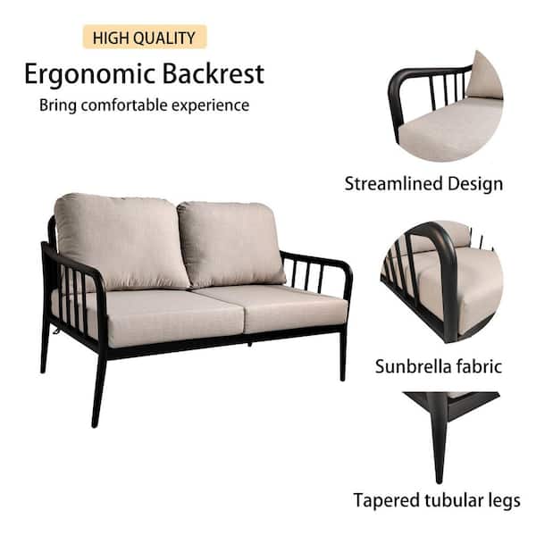Black 2-Piece Aluminum Outdoor Loveseat with Sunbrella Cushions and Oval Table With White Marble Sintered Stone