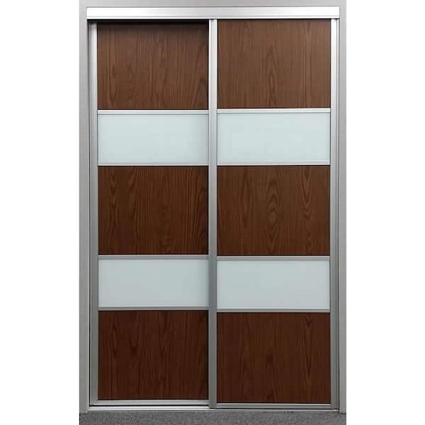 Contractors Wardrobe 48 in. x 96 in. Sequoia Satin Clear Aluminum Frame Walnut and White Painted Glass Interior Sliding Door