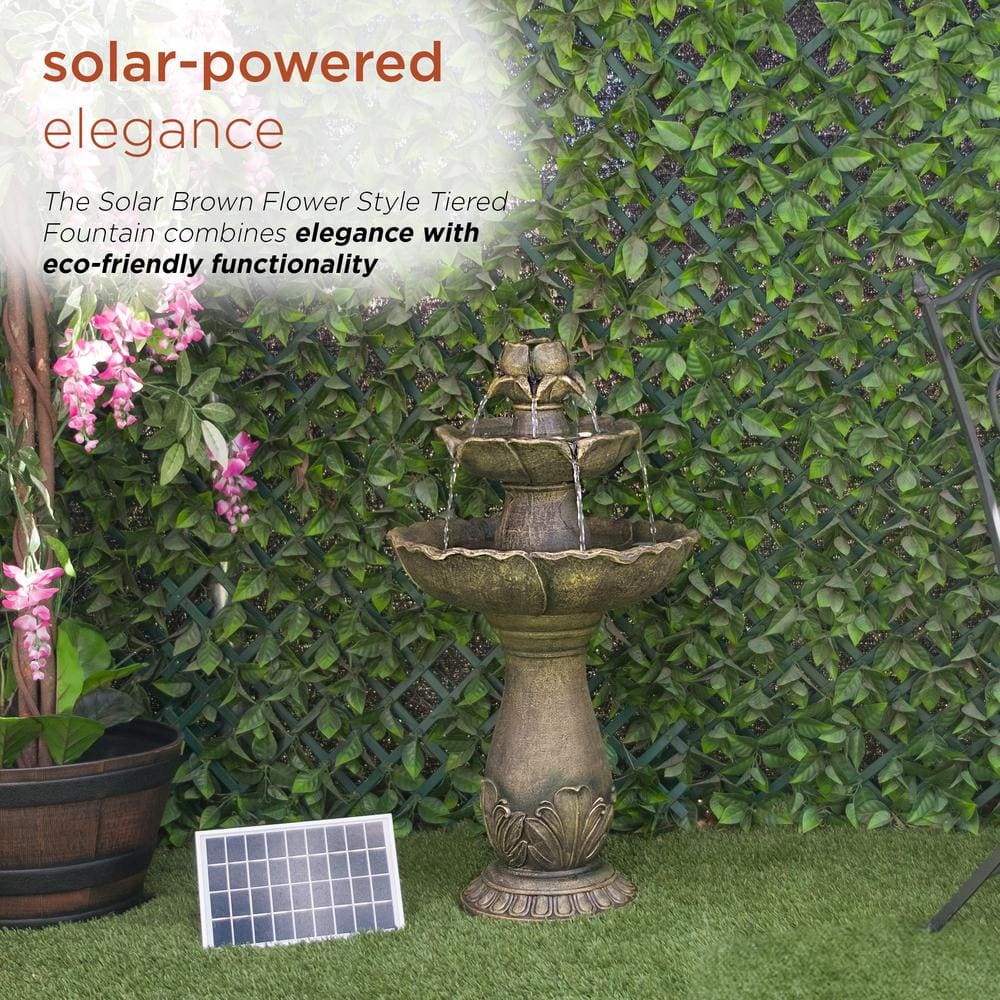 34" Tan Polyresin Solar Flower Style Tiered Fountain